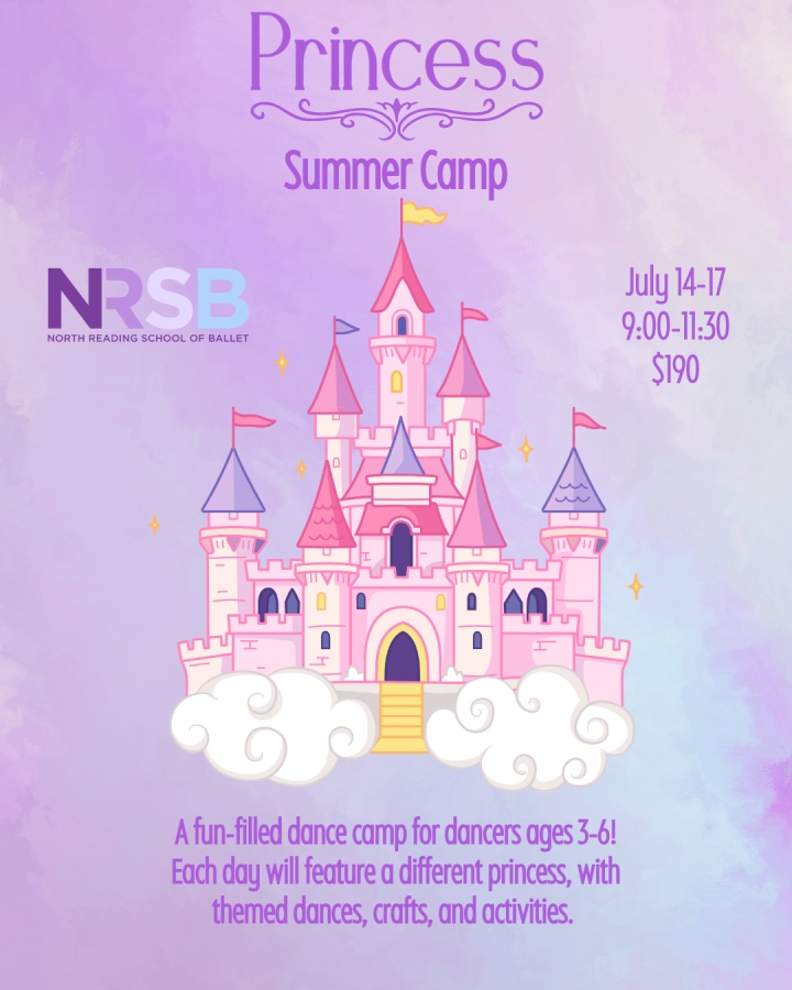 Promotional flyer for Princess Summer Camp at North Reading School of Ballet, featuring a pink castle illustration on a purple background with camp details.