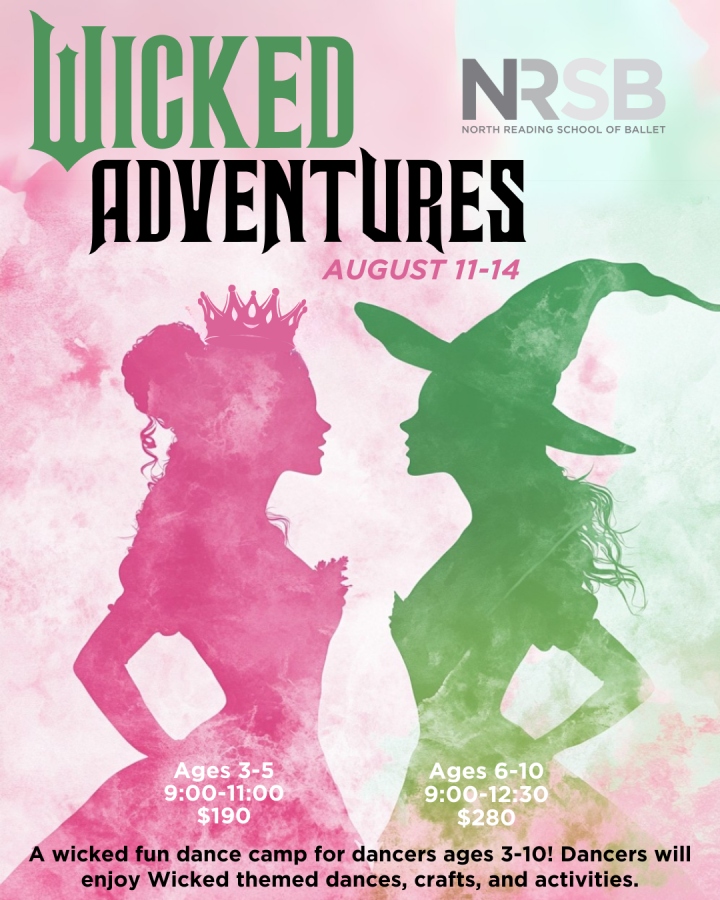 Promotional flyer for NRSB Wicked Adventures dance camp featuring pink and green silhouettes of two characters, event details, and pricing.